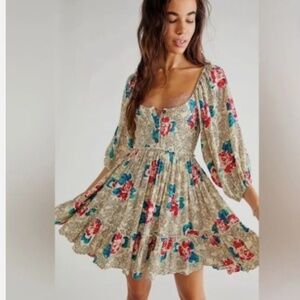 Free People Endless Summer Picnic Dress Floral Mini Boho 3/4 Sleeve S